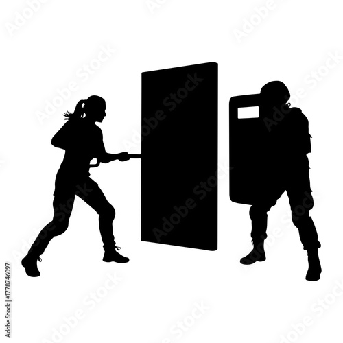 Figures with shields silhouette protective gear