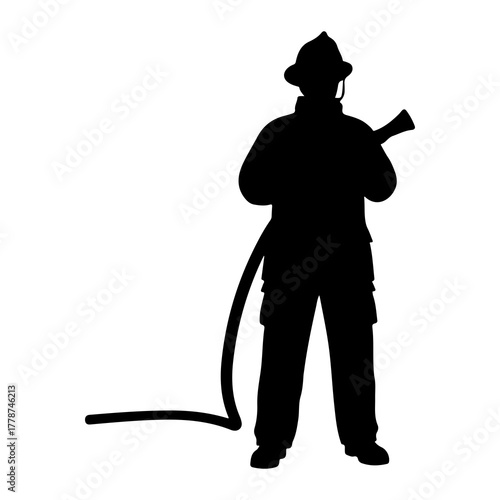 Firefighter holding hose silhouette helmet uniform