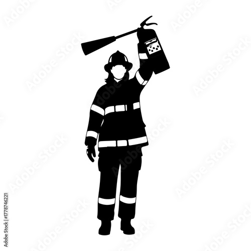 Firefighter holding extinguisher up safety rescue