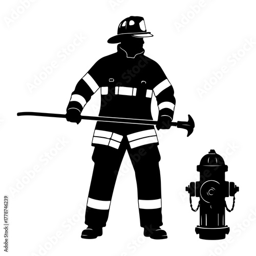Firefighter holding tool near hydrant silhouette helmet