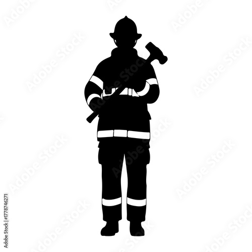 Firefighter holding axe and hose silhouette helmet