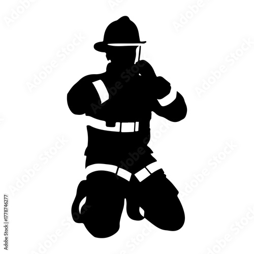 Firefighter kneeling protective gear silhouette helmet