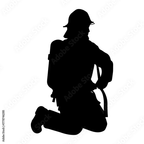 Firefighter kneeling protective gear silhouette helmet