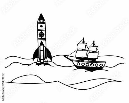 A rocket and a ship sailing on the sea
