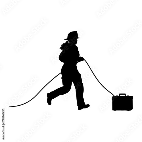 Firefighter running with hose and case silhouette