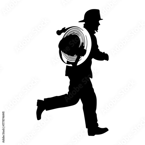Firefighter running with hose helmet silhouette