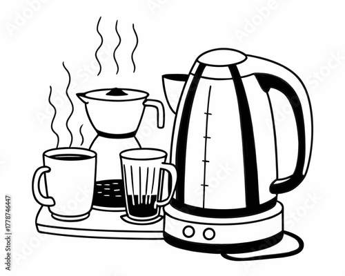 Coffee and tea set in black and white drawing