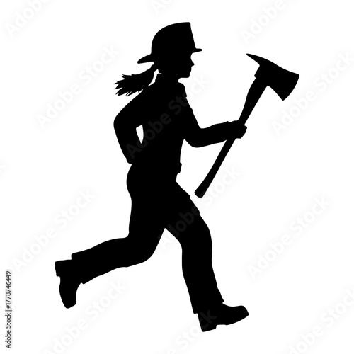 Firefighter running with axe silhouette helmet
