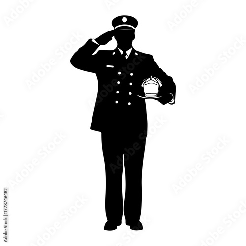 Firefighter saluting holding helmet silhouette uniform