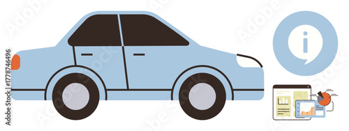 Blue sedan adjacent to tools thumbs up tablet, map, gear, and information icon emphasizing technology, travel, and guidance. Ideal for automotive, navigation, repair tech learning and safety