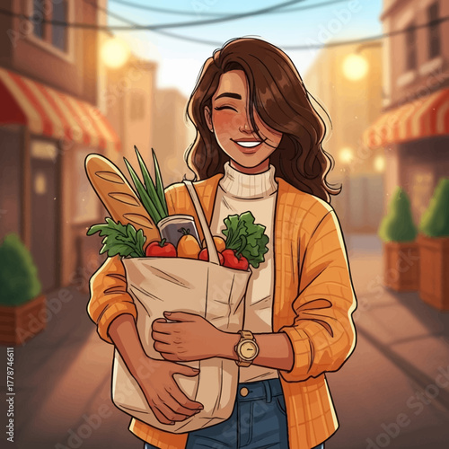 Happy woman holding grocery bag full of fresh food.