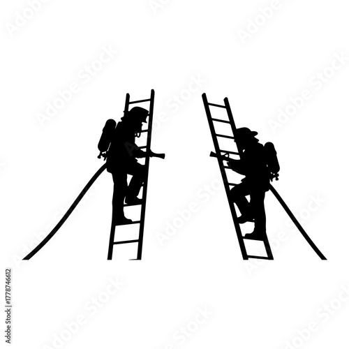Firefighters climbing ladders with hoses silhouette