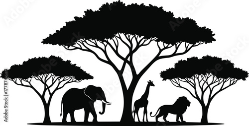 African wildlife silhouettes with elephant, giraffe and lion under acacia trees in savanna landscape, black vector illustration design