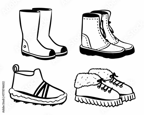 Four pairs of winter boots in black and white