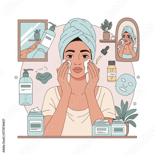 Woman Cleansing Face with Cotton Pads in Skincare Routine.