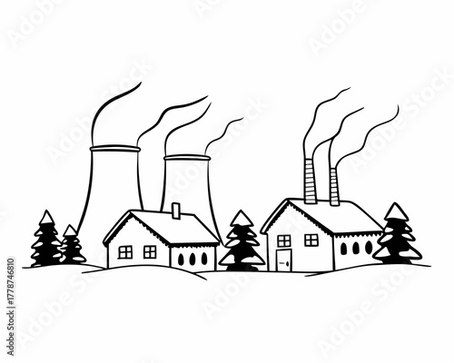 Industrial landscape with factory and smoke