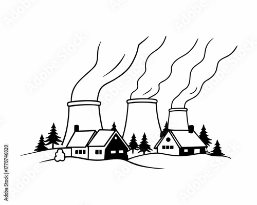 Industrial landscape with factory, chimney and smoke