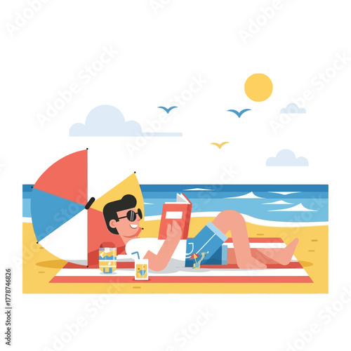 Man reading book on beach under umbrella enjoying vacation leisure time.