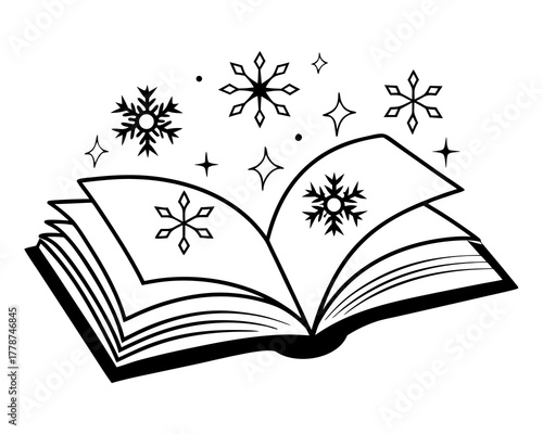 Open book with snowflakes, winter theme