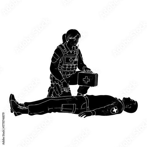 Medic assisting injured person with medical kit first aid