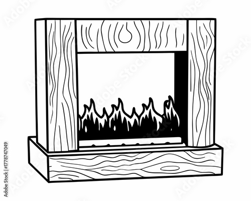 A cozy wooden fireplace with flickering flames