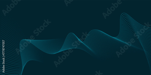 glowing blue wavy lines on abstract technology dark blue background. digital hi tech vector illustration.
