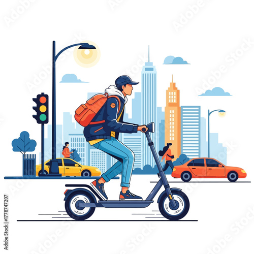 Young man in casual clothing riding a modern electric scooter.