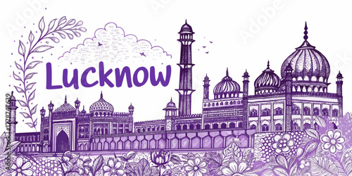 Lucknow Skyline Sketch with Cultural Heritage Touch for Tourism Promotion Featuring Rumi Darwaza, Bara Imambara, Chota Imambara, Ambedkar Park, and Clock Tower | Hand Drawn Cityscape Art Illustration