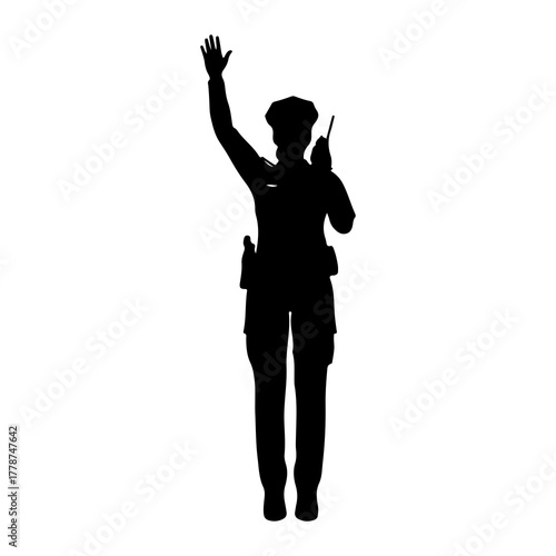 Officer waving with radio silhouette police officer