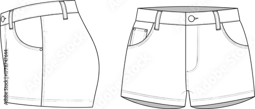 Cad drawing flat vector illustration of denim shorts front and side view, technical fashion sketch, apparel design template, casual clothing mockup