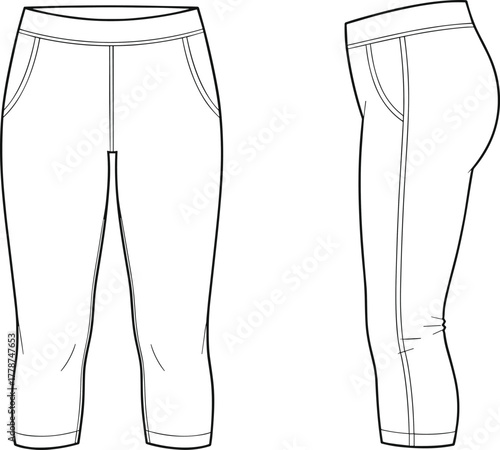 Cad drawing flat vector illustration of leggings front and side view, fashion technical sketch, apparel design template, sportswear mockup
