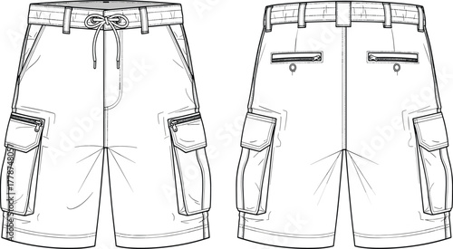 Cargo shorts technical flat sketch front and back view, detailed CAD drawing vector illustration, fashion design template for apparel manufacturing