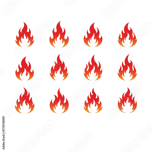 Set of 12 Stylized Flame Icons in Red and Orange Perfect for Digital Design Elements Modern Chinese Dragon Graphics