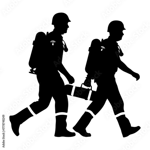 Rescuers carrying stretcher with oxygen tanks silhouette