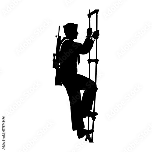 Sailor climbing rope ladder with rifle navy military