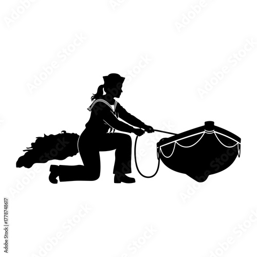 Sailor pulling boat with rope woman uniform