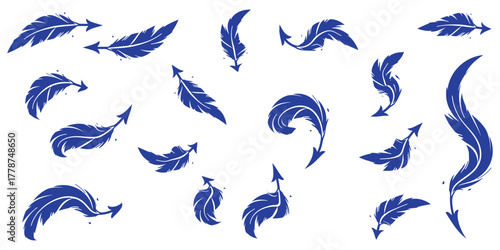 A collection of stylized blue feather arrows pointing in different directions on a white background.