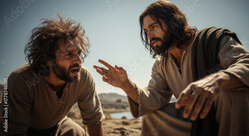 Jesus Christ performing a divine miracle of healing on a possessed man. Dramatic close-up of a biblical scene from the new testament gospel
