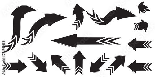 A diverse collection of stylized black arrow icons pointing in multiple directions.