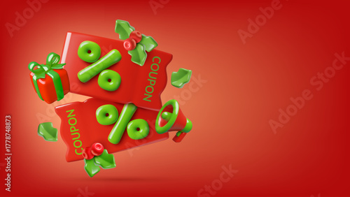 3d Christmas sale coupons on red background with holly berry, gift box and megaphone. Holiday shopping discount concept three dimensional style vector illustration.