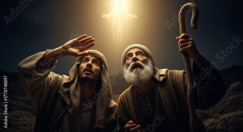 Ancient shepherds looking up in awe at a divine angelic revelation in the night sky. Biblical nativity scene of the Annunciation. Christmas story concept