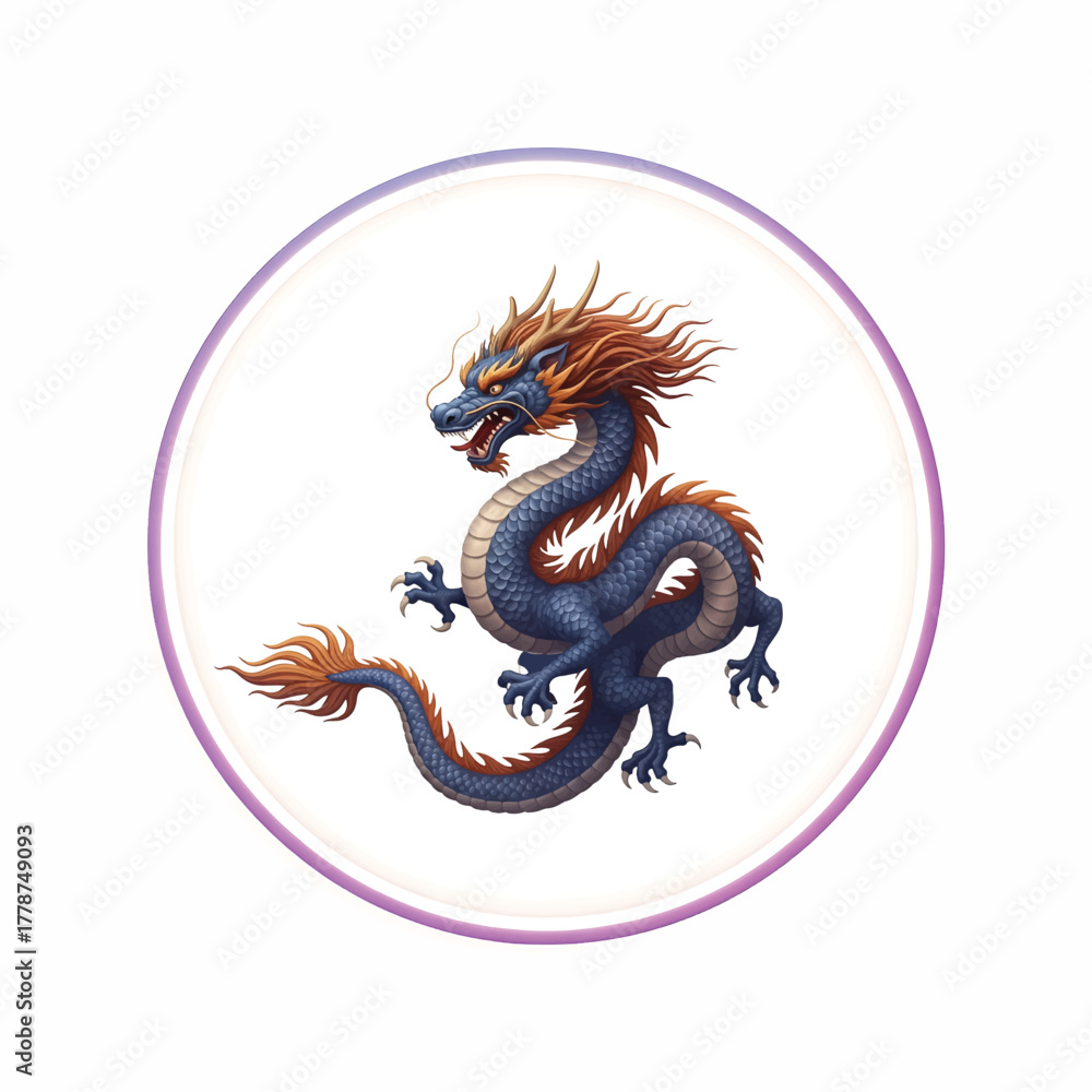 Obraz premium Mystical Chinese Dragon Illustration Powerful Mythical Creature Symbolizing Strength Good Fortune and Wisdom in a Circular Emblem Modern Chinese Dragon Graphics
