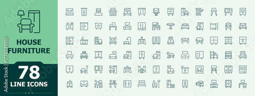 Furniture linear icon set. Pack of lounge, room, bed, decor, bathroom, sofa, living and more. Minimalist linear icons. Pixel perfect. Editable stroke. Decor line icon set.