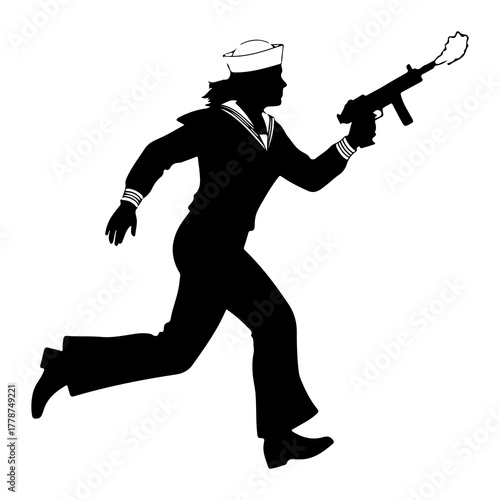 black silhouette sailor running with gun clip art preview