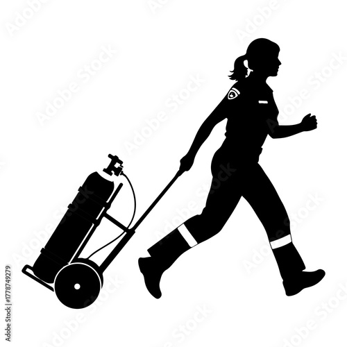 Silhouette of medic running with oxygen tank medical