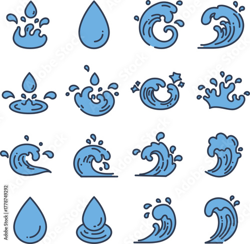 Water splashes logo, flowing liquid motion curves stripes swirls silhouettes set vector illustration, Wave logotypes