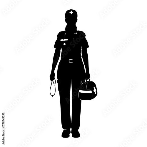 Silhouette of medical professional with stethoscope and bag