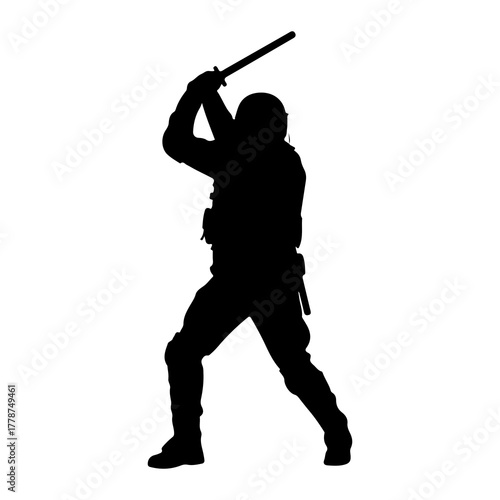Silhouette of person with baton helmet tactical gear