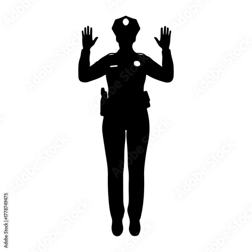 Silhouette of police officer with hands raised hands up