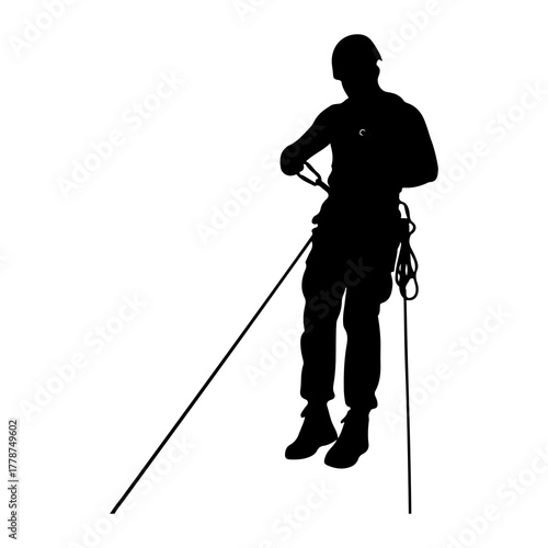 Silhouette person rappelling with ropes and helmet